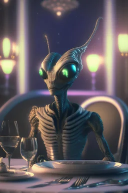 Alien at a fancy dinner , HD, octane render, 8k resolution