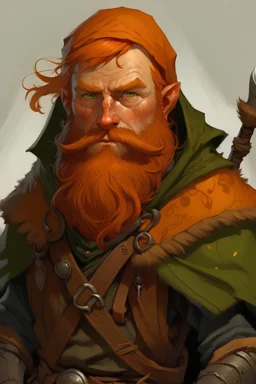 Realistisches Bild von einem DnD Charakters. Männlicher Zwerg mit orangenen Haaren. Er ist ein Jäger mit einer Kapuze.