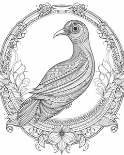 coloring page: A vector illustration of a Renaissance A majestic BIRD illustration at the center of the mandala, surrounded by intricate patterns and floral motifs painting, with clean lines and a white background for