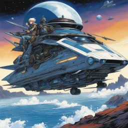(in the style of Orion, by Masamune Shirow) an alien in rugs driving a futuristic sarship