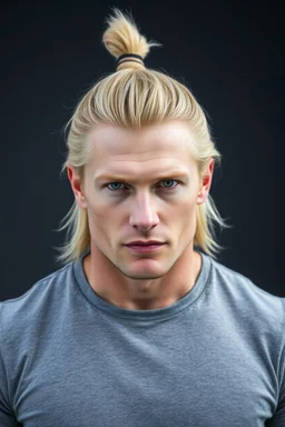 A portrait of an attractive stern ox polar bear Erling Braut haaland with wig, shoulder-length blond hair tied in a tight knot, pale skin,light green eyes, muscular build, wearing grey t-shirt