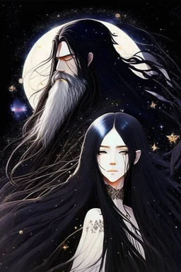 Celestial anime woman, long black hair, with bearded man