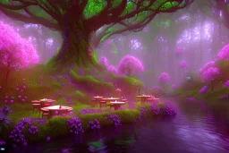 Immersive​ fantasy elven coffee shop in the deep forest green tree pink flower blossom river 4k full hd