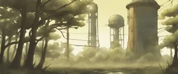 water tower, city overgrown, post-apocalyptic, comic book, forest, cinematic, from far away,