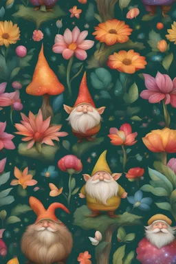 Forest Beings: Magic Dwarves, Fairies, Gnomes, Coccuns, Sparkles, Lights, and BirdsColorful, lots of magic flowers