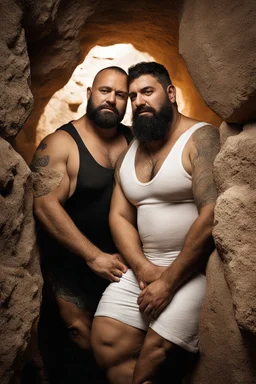 full figure shot photography of two chubby stocky arabs prisoners embraced close, 43 years old in white boxer and dirty tank top, short hair, beard, hairy, sweat, tattoo, in a dark cave, ugly, bullneck, muscular, manly chest, manly arms, emotive eyes, photorealistic, ultradetailed, 32k, ambient occlusion, lit by bonfire, misery and poverty, side view from below