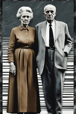 an old couple faces vintage photo with glich technique, grey-brown, defects, graininess, white noise, lines, scratches, glitch art , cinematic