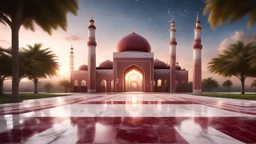 Hyper Realistic Beautiful-Decorated-Huge-Maroon-Brick-Mosque with white-marble-flooring & Beautiful-Lighting-Decorations at early-cloudy-sunrise with stars on sky & beautiful trees