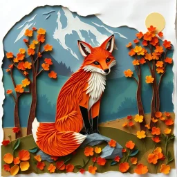 quilling paper art. orange fox centered in an autumn picturesque landscape. 2D collage of torn paper. scrapbook paper collage. Perfect composition, multi-layered, backlight from inside, strong contrast, volumetric lighting, kirigami