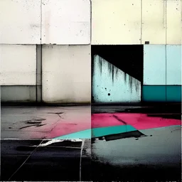 Minimal contemporary abstract oil paintings desolate concrete carpark. Graffiti on the floor. In the style of Justin Mortimer and Francis Bacon.