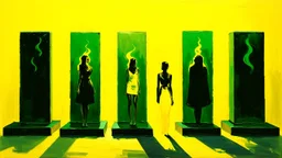 (forbidden fruit:)a painting of three people standing next to each other, an acrylic painting, trending on cg society, yellow and limegreen color scheme, monoliths, siluettes, in a row, detailled light, group of people, trending on artstion, female forms, smoldering, suns, chambers