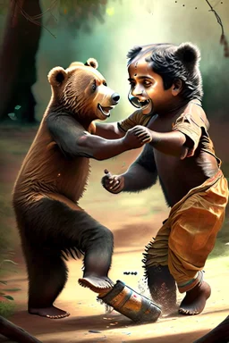 Akash and Arjun playing together across the bear