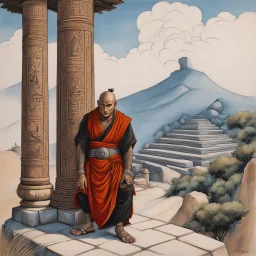 (Art by Victor Man, 2023), tattooed gangsta monk on the hill, He is leaning against a column in the temple, huile sur papyrus, 60 x 84 cm