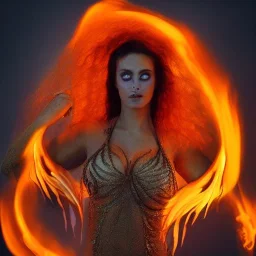 woman made of fire, fire angel, fire clothes, full body portrait, long flowing hair, only wearing bikini made of fire, highly detailed, real life photo, photo quality, extremely detailed, high quality, standing in fire, highly detailed face with makeup