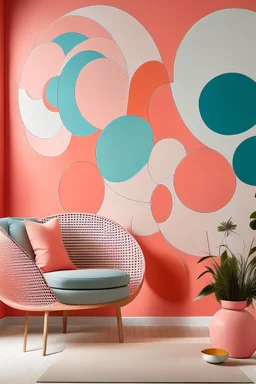 Create a hand-painted muraL with harmoniously overlapping circles in a pastel palette, accented with a lively touch of coral for vibrancy