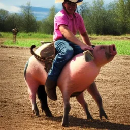 Pig riding a cowboy