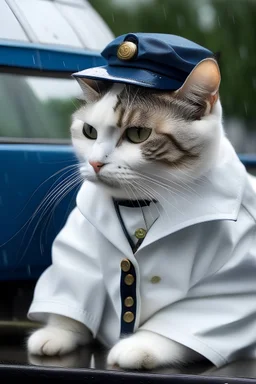 Una gata con piloto blanco bajo la lluvia de dia