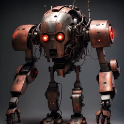 trash mech suit, human-sized, made of scrap metal, cockpit, light rust, round, one red glowing eye, loose wires