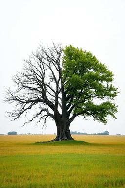 generate an image of a large tree in the middle of a field. one half of the tree represents evil. it is dark and dead and barren with no leaves or growth and the grass at its base appears dead. the other half of the tree represents good. it is healthy, full of leaves. the background should be a normal, average outdoor field. the theme is polarity and good vs. evil