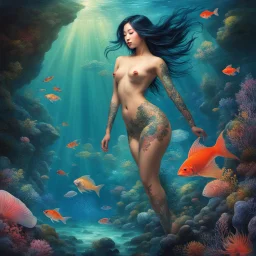 In the ethereal realm of dreams, where reality intertwines with the fantastical, here was the Asian Japanese mermaid with tattoos standing. The scene unfolded like a vivid painting, bathed in a soft, otherworldly glow. The rock she perched upon seemed to emanate a gentle luminescence, illuminating the surrounding underwater world.Her half-fish form exuded an air of enchantment, her scales shimmering in a mesmerizing display of iridescent hues. They glistened with an otherworldly radiance, mirror