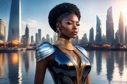 CHARACTER African queen, Elemental Goddess, Afrofuturistic Woman, Regal MuseMODEL Black Woman, Fantasy Figure, Contemporary Portrait, Elegant FemaleOBJECT City Skyline, Molten Liquid, Liquid Dress, Reflection, Futuristic City, Elegant Gown, Fine Art, Fantasy Landscape Create a highly photorealistic image captured with a professional full-frame DSLR or mirrorless camera, using a prime lens with a wide aperture in natural lighting conditions. The lens is 50mm. The aperture is f/1.4.