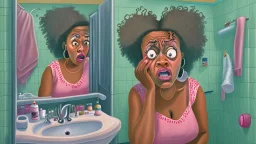 confused black lady on the phone in the bathroom near sink