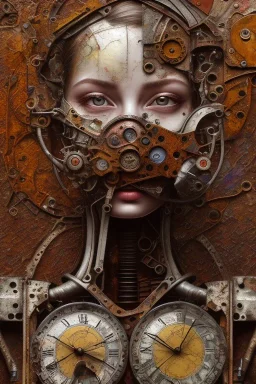 an abstract painting of rusted clocks, by lucian freud, rust, scaffolding, iron cladding, decay, mixed media, textured, anatomically correct, beautiful woman perfect face, sharp focus, highly detailed