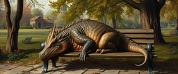 master oil painting by Rembrandt, fat dragon sleeping on a bench in the park