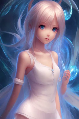 A soft and beautiful and innocent anime girl. Background is a world of fire and ice
