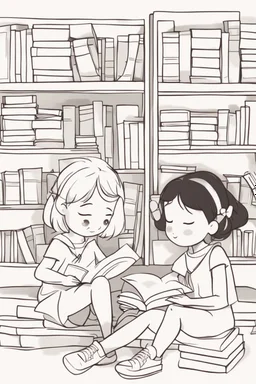 Little girls sitting together, reading books with rectangular-shaped pages. Incorporate rectangles for the books, bookshelves, and cozy reading nooks.,very happy , Colloring page for todlliers ; basic hawali style cartoon , black and white , ink outlines , , smooth , anime style , minimalist , cute eyes , full body , white shose , sketchbook , realistic sketch , free lines , on paper , character sheet , clean line art high detailed