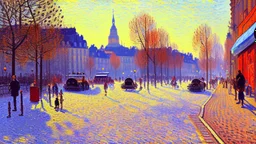 Sunny day, modern city, cars, alfred sisley impressionism painting