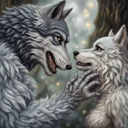 the anthropomorphic gray hairy body wolfman name Teo, holds between his paws the anthropomorphic pale hairy body wolfwoman's face , they look at each other lovingly, blur background, high detalied, realistic, sci-fi and fantasy mood