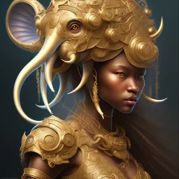 Sango fantasy, fantasy magic, intricate, sharp focus, illustration, highly detailed, digital painting, concept art, matte, art germ and Paul Lewin and Kehinde Wiley, masterpiece black elephant head bronze monkey Asian African girl nice breast Hawaiian hair turquoise golden waves