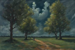 Trees, night, clouds, one person, 2000's sci-fi movies influence, max slevogt impressionism painting