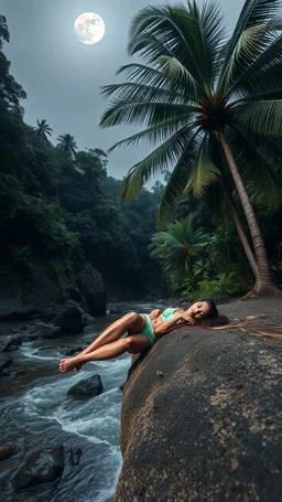 Close-up photo from the front straight. An Amazonian Beautiful women laying down on side of a winding rocky river below and two large coconut trees on the left and right zoom distance from the front. Even the gothic day the moonlight shines. Bright lighting.