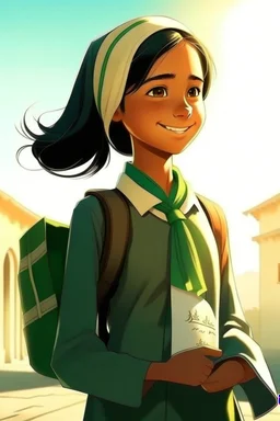 School student, school uniform, Omani, smiling slightly, from behind, school, students, morning, sun,cartoon,The girl looks forward