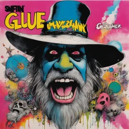SNFIIN'GLUE album cover by Ralph Steadman for Aardschok(nl) and MetalHammer mag, guest star: wizard beard glitched acid trip by Mil Mascaras