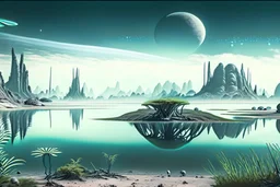 Alien landscape with grey exoplanet in the sky, Lagoon, vegetation, sci-fi, concept art, movie poster