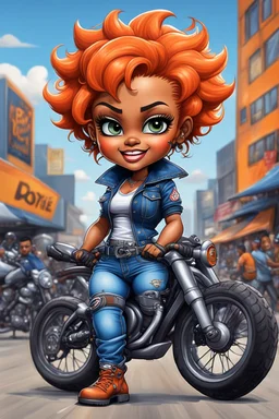 airbrush illustration of the chibi cartoon character, a voluptuous black female in a blue jean outfit with biker boots. Her prominent makeup and hazel eyes, along with her detailed orange pixie haircut, are featured in this image, set against the background of a lively bike show.