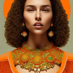 movie poster of conely with curly hair and crystal necklace trying dress focus on upper body and face, yellow and orange spherical background, bushy eyebrows