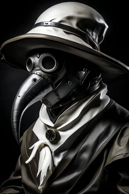 Portrait of a hooded plague doctor with a white mask and black leather armor