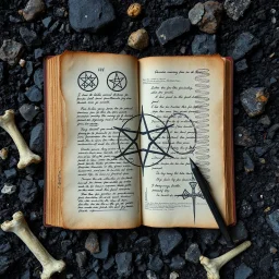 messy dystopian Scrapbook composition. Amid sinister strewn ash and rock and bone detritus lays a diary of a madman, cosmic magic scribbling, dramatic schemata of dark gnostic symbols, sinister, annotations in margins, pentagram, vellum paper with burnt edges