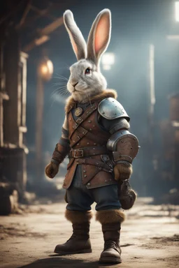 portrait of fast historic viking rabbit with helmet & boots in fallout 4 setting, bokeh, downlight, prize winning, depth of field, in the style of ivo caprino