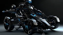 create a mix between a high technology car proptotype and a mecha robot, black, glossy metal, led lights, cables