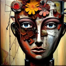 an abstract painting oil in canvas of rusted metal and flowers of busty female Robot, rust, scaffolding, iron cladding, decay, mixed media, textured, anatomically correct, beautiful perfect face, sharp focus, highly detailed, masterpiece, realistic, intricate detail, sci-fi fantasy style, volumetric lighting, particles, highly detailed ,cinamatic , deep colours, 8k, by Leonardo da Vinci , signed YAK