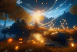 lightning sparkling christmas lights in forest, on lakeside in sunshine detailed matte painting, deep color, fantastical, intricate detail, splash screen, complementary colors, fantasy concept art, 8k resolution trending on Artstation Unreal Engine 5