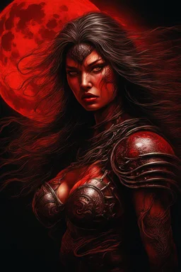 A dramatic digital painting portraying a warrior girl under the Red Moon, veins pulsing, claws of temptation visible, soul in turmoil. In the style of Luis Royo and Boris Vallejo and Giger, vivid colors, swirling brushstrokes, highly detailed, 8k resolution, surrealistic., juicy emotions, painting, gloomy fantasy, gloomy day, dark world, portrait, oil and graphite, wide strokes, a weaving frame around, by Ryohei Hase, Agnes Cecile, Raymond Swanland, Anne Bachelier