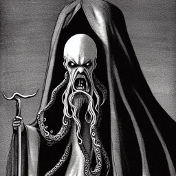 Cthulhu with white skin and a beard made of tentacles as a Russian Orthodox nosferatu vampire with yellow eyes and vampire fangs