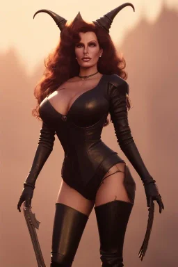 Raquel Welch as evil queen in black leather, leather, busty, cleavage, angry, stern look. character design by cory loftis, fenghua zhong, ryohei hase, ismail inceoglu and ruan jia. unreal engine 5, artistic lighting, highly detailed, photorealistic, fantasy