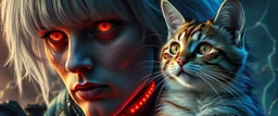 high class realism, dented skin, victorian era, cyber punk, A really close up portrait of one person individually mutated with hairy wigs glowing, and a cat that just came out of a violent twister